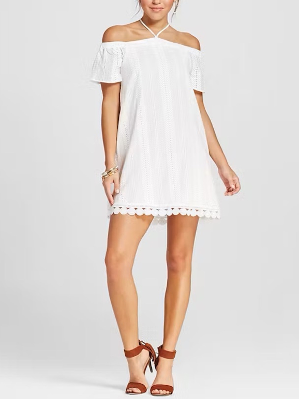 Everly White Eyelet Lace Off Shoulder Halter Mini Dress Cottage Core Small